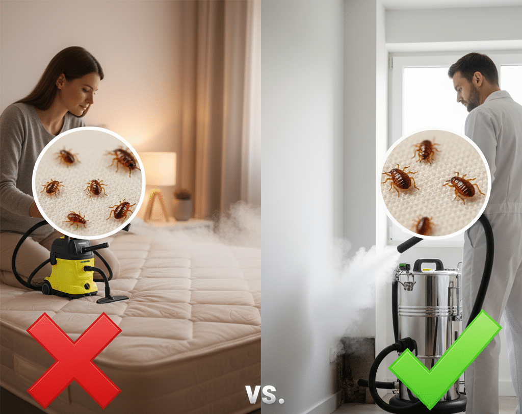 Comparativa de máquina de vapor profesional vs. vaporizador casero para eliminar chinches.