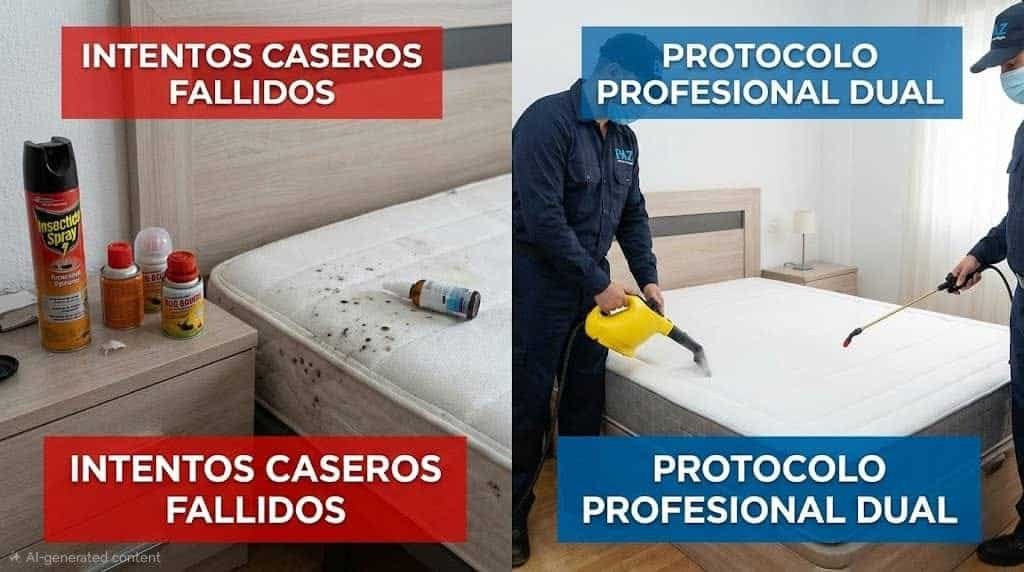 Comparativa visual: a la izquierda intentos caseros fallidos con insecticidas; a la derecha, técnicos de PAZ Control de Plagas aplicando un protocolo profesional dual en una fumigación de chinches