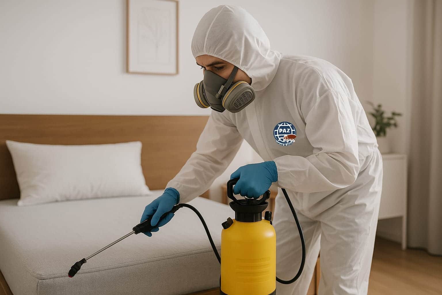 Fumigador de PAZ Control de Plagas aplicando tratamiento contra chinches en colchón en CDMX